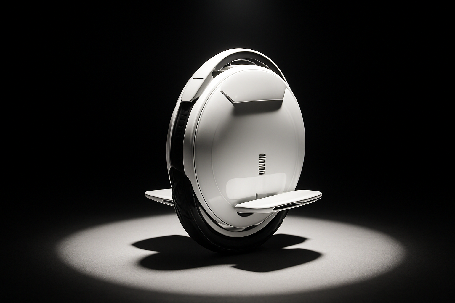 a white electric unicycle on a black background with spotlight
