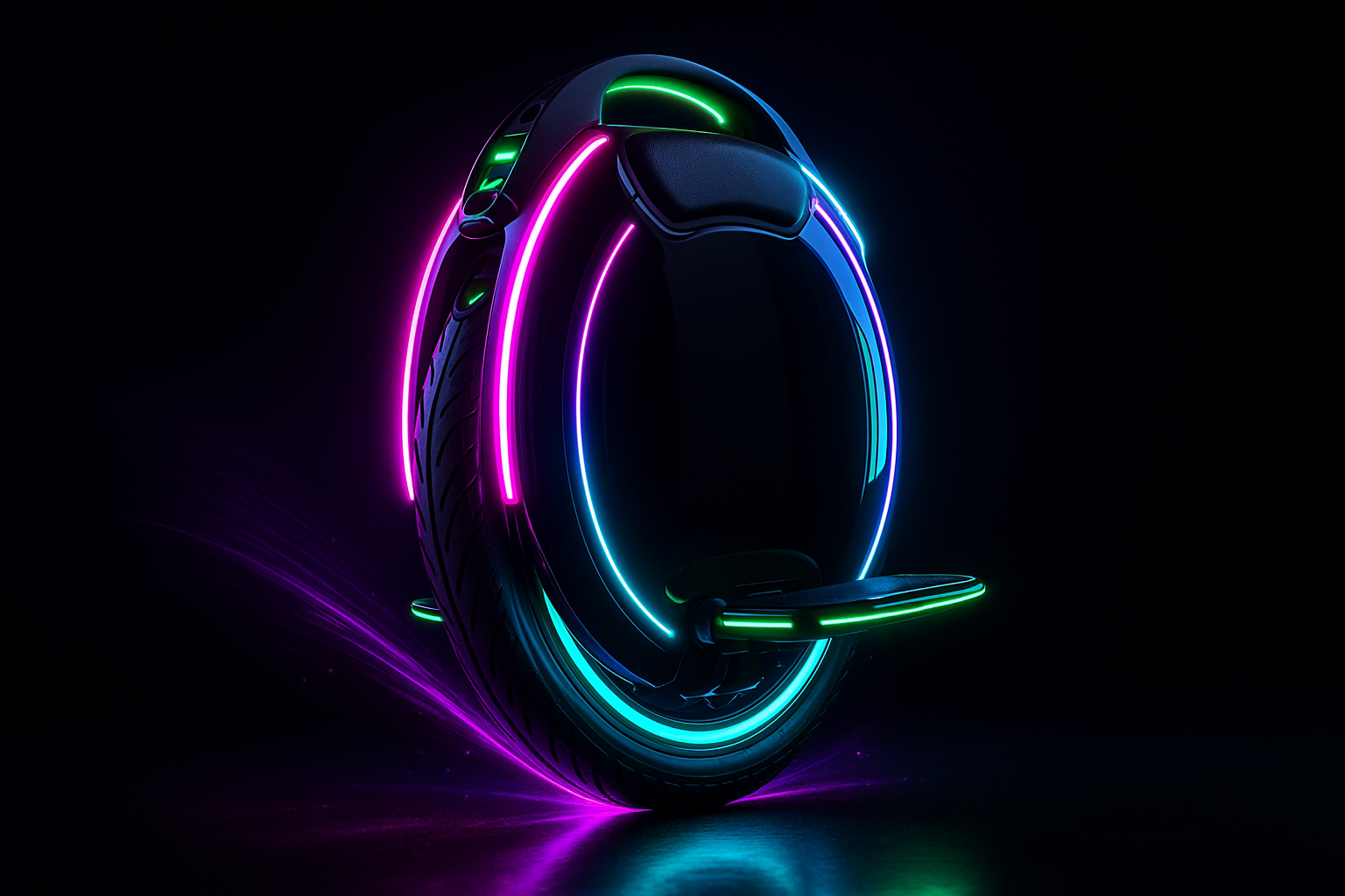 an electric unicycle on a black background and neon color 